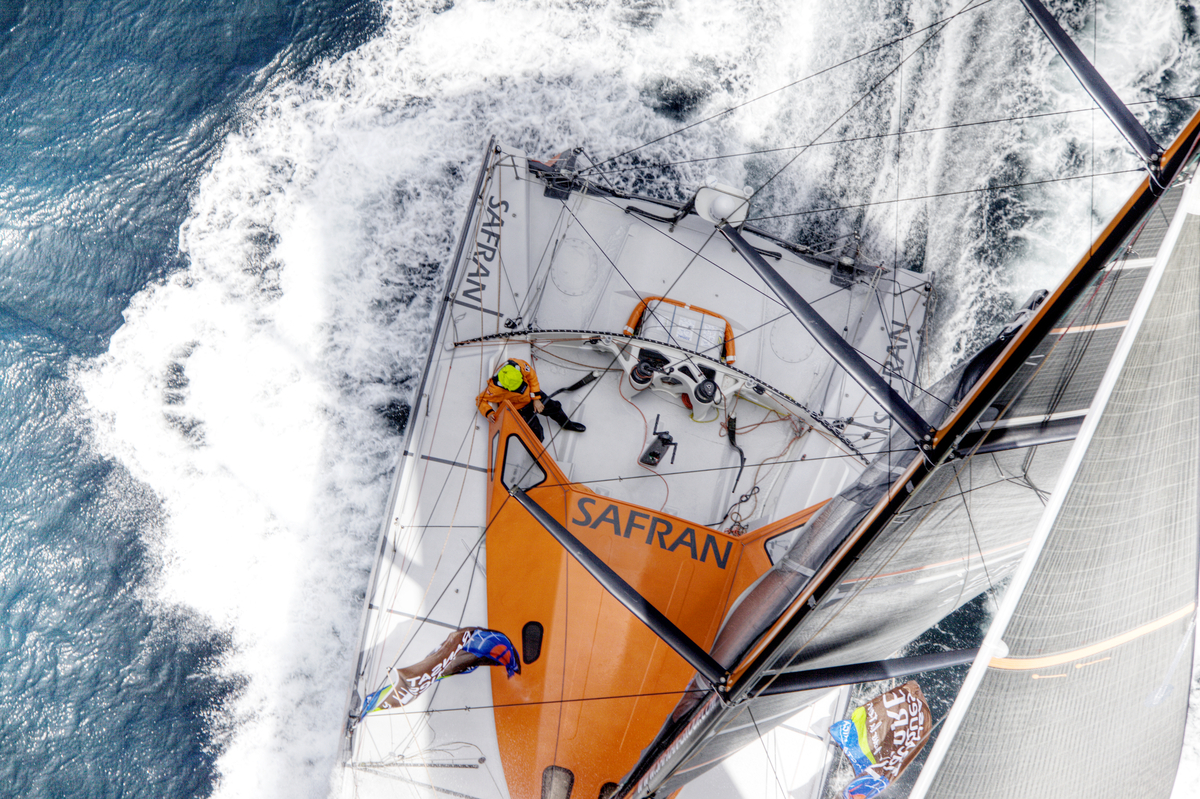 The Open 60 Safran in preparation for the Transat Jacques Vabre 2011, skipper Marc Guillemot co/skipper Yann Eliés, Brittany, France.