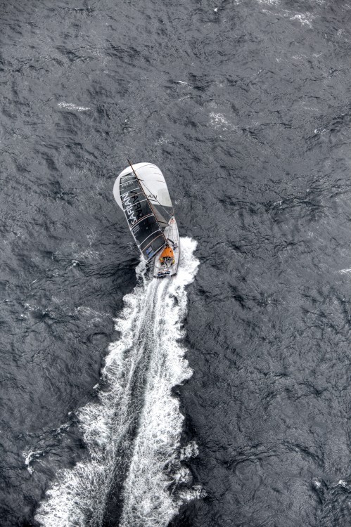 The Open 60 Safran in preparation for the Transat Jacques Vabre 2011, skipper Marc Guillemot co/skipper Yann Eliés, Brittany, France.