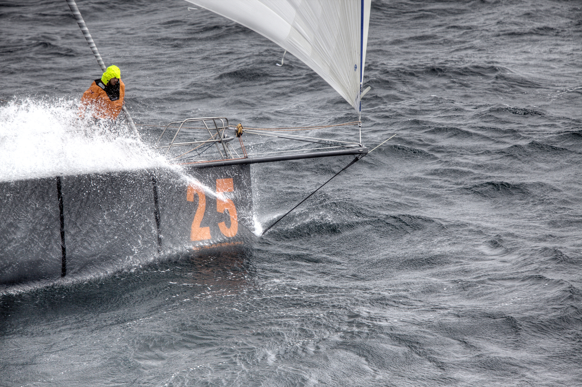 The Open 60 Safran in preparation for the Transat Jacques Vabre 2011, skipper Marc Guillemot co/skipper Yann Eliés, Brittany, France.
