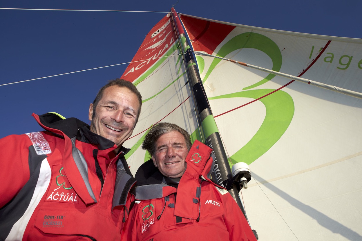 A bord du trimaran "ACTUAL" , Yves Le Blevec (FRA) skipper et Kito de Pavant (FRA) co-skipper pour la Transat Jacques Vabre 2013.