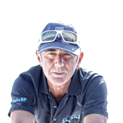 Loick Peyron onboard the Maxi Trimaran Solo Banque Populaire VII in preparation for "La Route du Rhum".