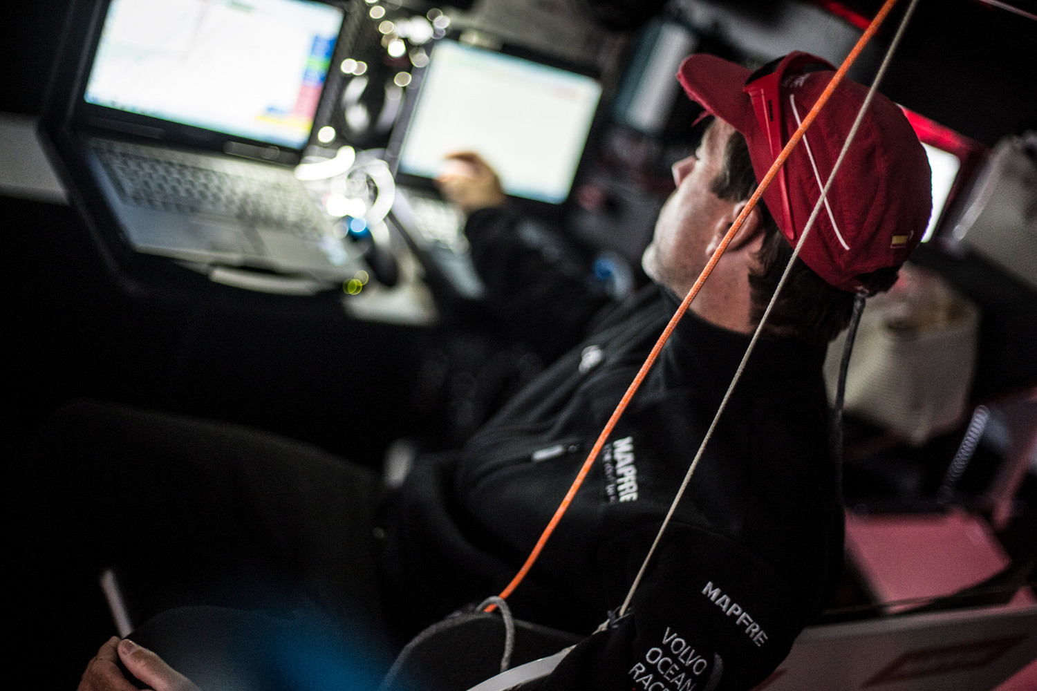 November 23, 2014. Leg 2 onboard MAPFRE. Iker Martnez at the navigation desk.