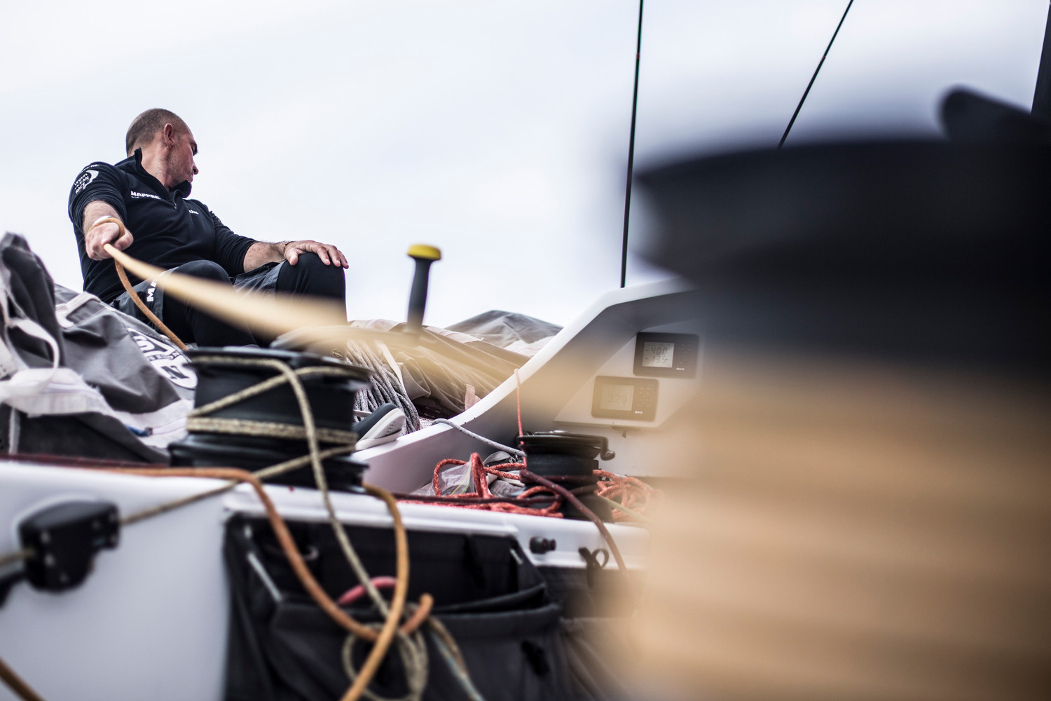November 23, 2014. Leg 2 onboard MAPFRE. Xabi Fernandez trimming the main sail
