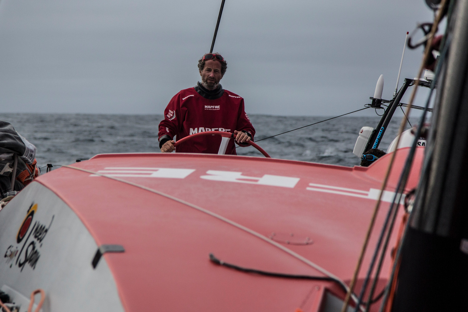 November 3, 2014. Leg 1 onboard MAPFRE. Michel Desjoyeaux steering the boat