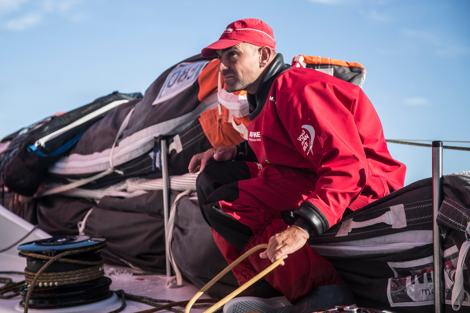 November 22, 2014. Leg 2 onboard MAPFRE. Xabi Fernandez checking out Team Alvimedica after gybing.