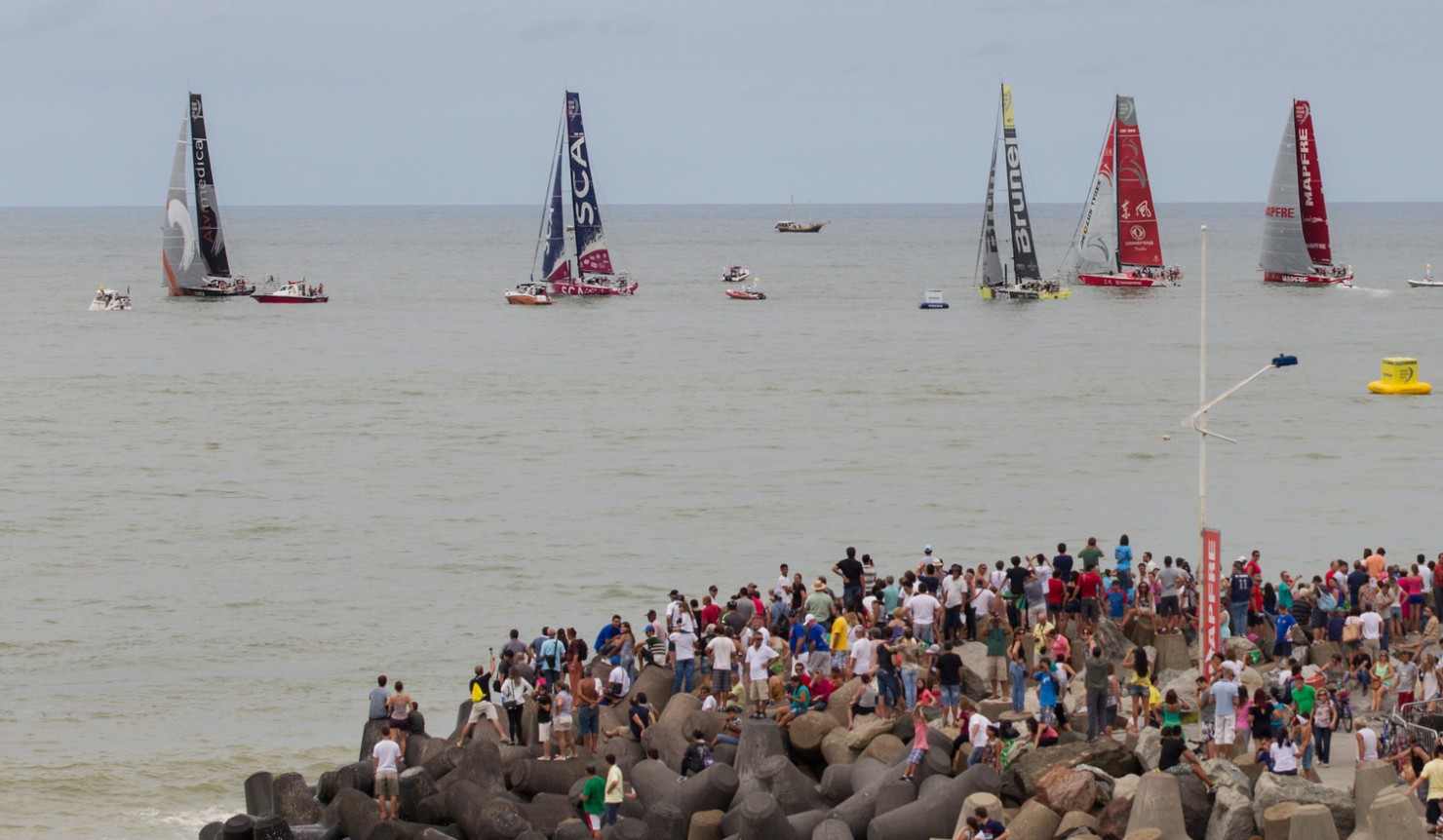 2014-15, VOR, Volvo Ocean Race, Itajai, Brazil, Start, aerial, fleet