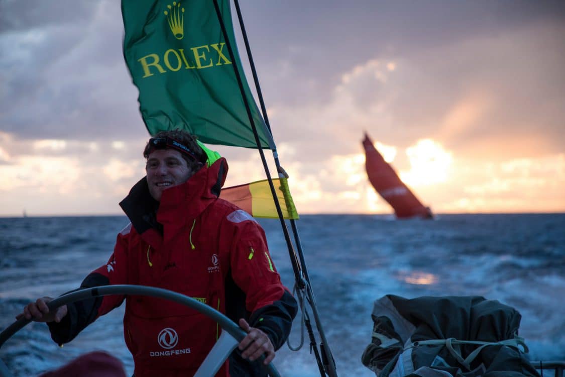 2017-18, Charles Caudrelier, Dongfeng, Emotion, Happiness, Happy, Smiling, Smile, Kind of picture, Leg Zero, Nature, On board, On-board, Pre-race, Rolex Fastnet Race, Skipper, Sunrise, french, helm, wheel