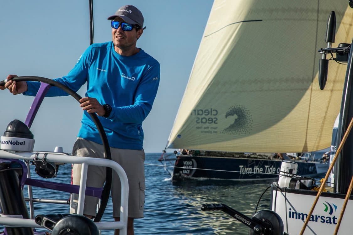 Start,Helm,Wheel,Pre-race,2017-18,AkzoNobel,on board,on-board,leg zero,Watch captain and boat performance,Joca Signori,Prologue