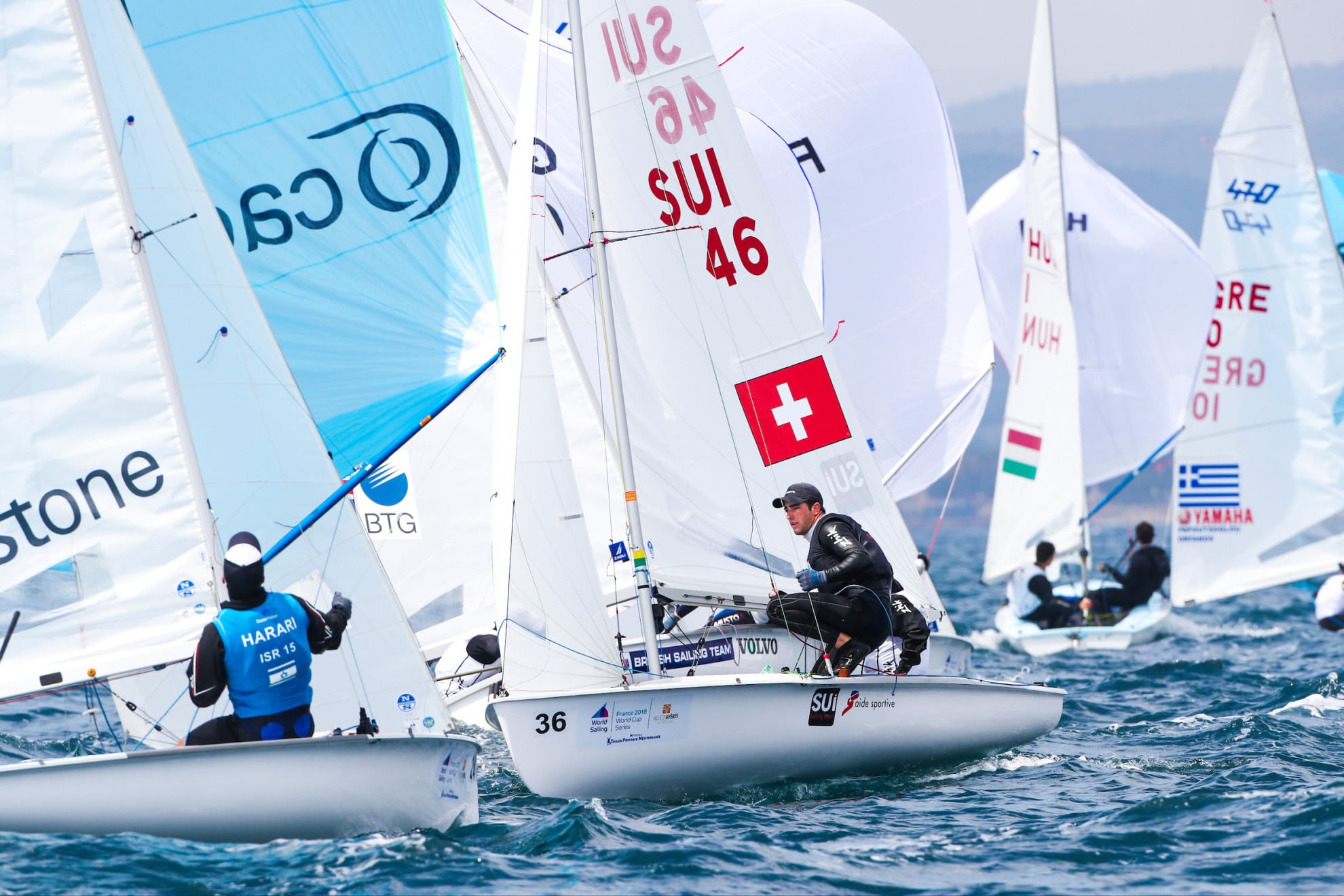470 M, CLASSES, Olympic Sailing, SUI 46 36 Kilian Wagen (M) Gregoire Siegwart 470 Men, Sailing Energy, World Cup Series Hyeres, World Sailing